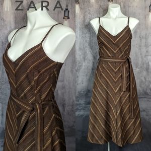 ZARA V-neck striped 1970's fit & flare dress, size Large, brown & tan